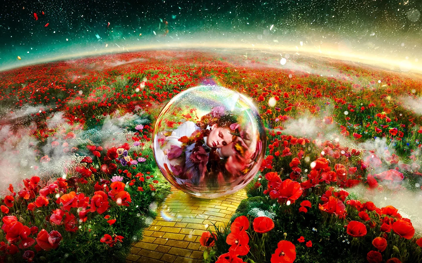 Wizard of Oz at Sphere promotional scene with a bubble floating above a field of red flowers